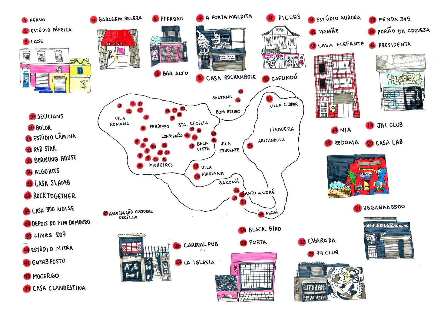 Mapeamento das casas de shows em São Paulo - Mapa ilustrado das casas de shows da música autoral na Grande São Paulo. Ilustrações de Isabella Pontes. Um mapeamento da nova cena musical independente de São Paulo no pós-pandemia