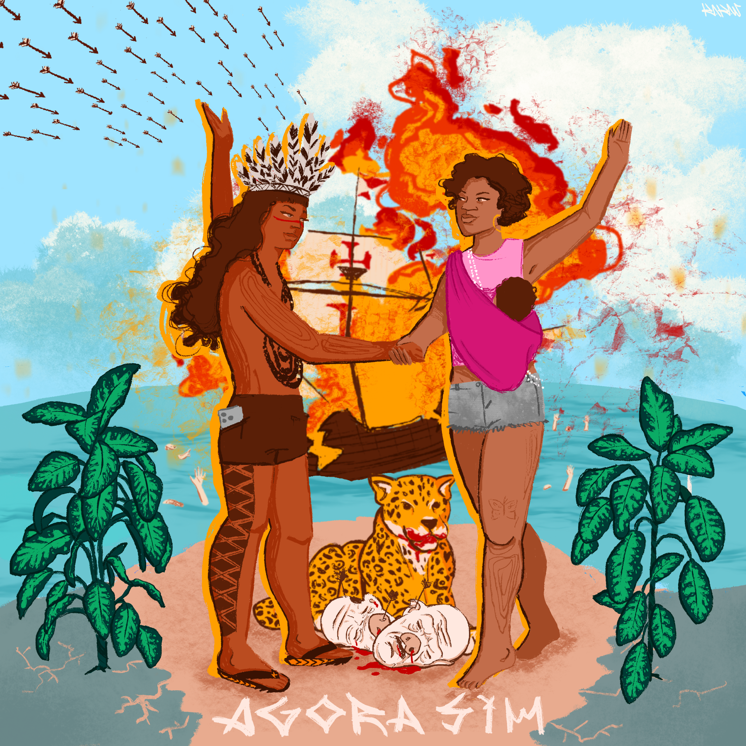 Capa do álbum TAMBORES, CAFEZAIS, FUZIS, GUARANÁS E OUTRAS BRASILIDADES de FBC com estética política e elementos visuais brasileiros